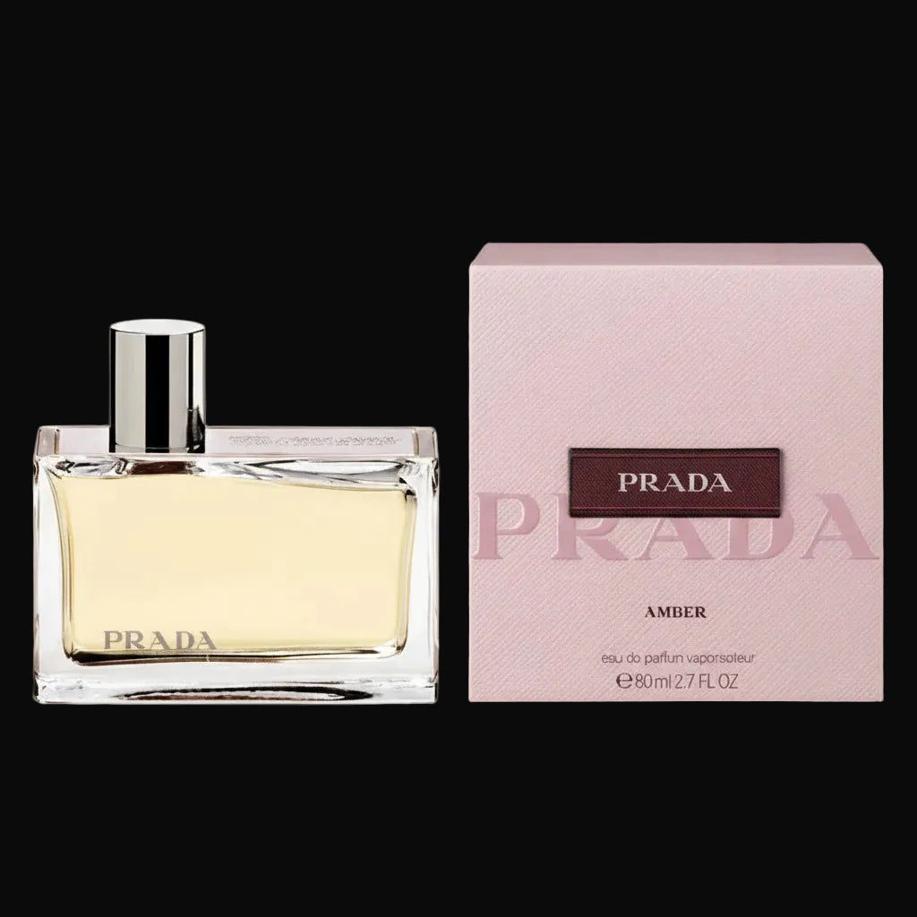 Prada Amber perfume bottle and packaging on a black background